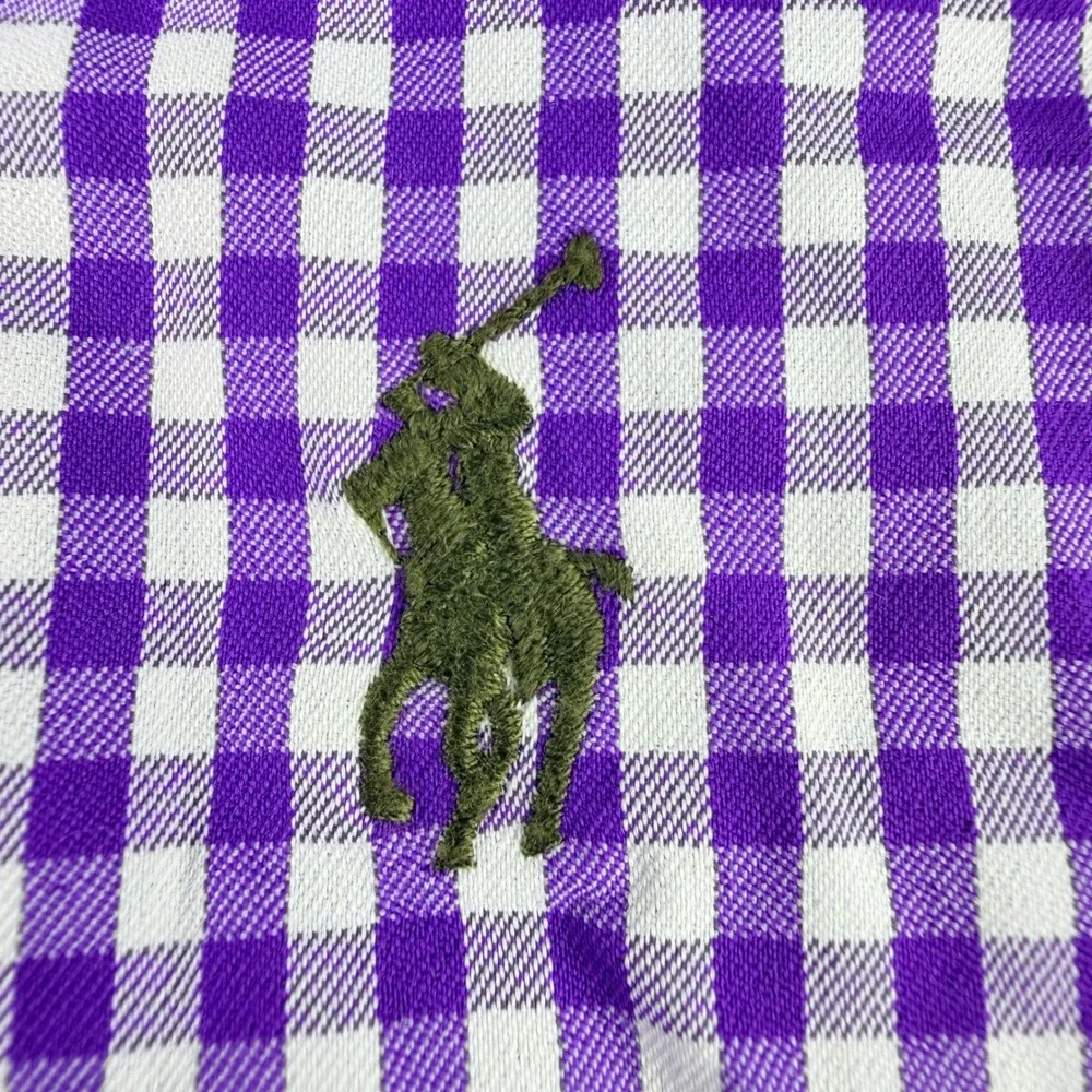 Polo Ralph Lauren Performance Mens M Gingham Shirt Purple White Long Sleeve Golf